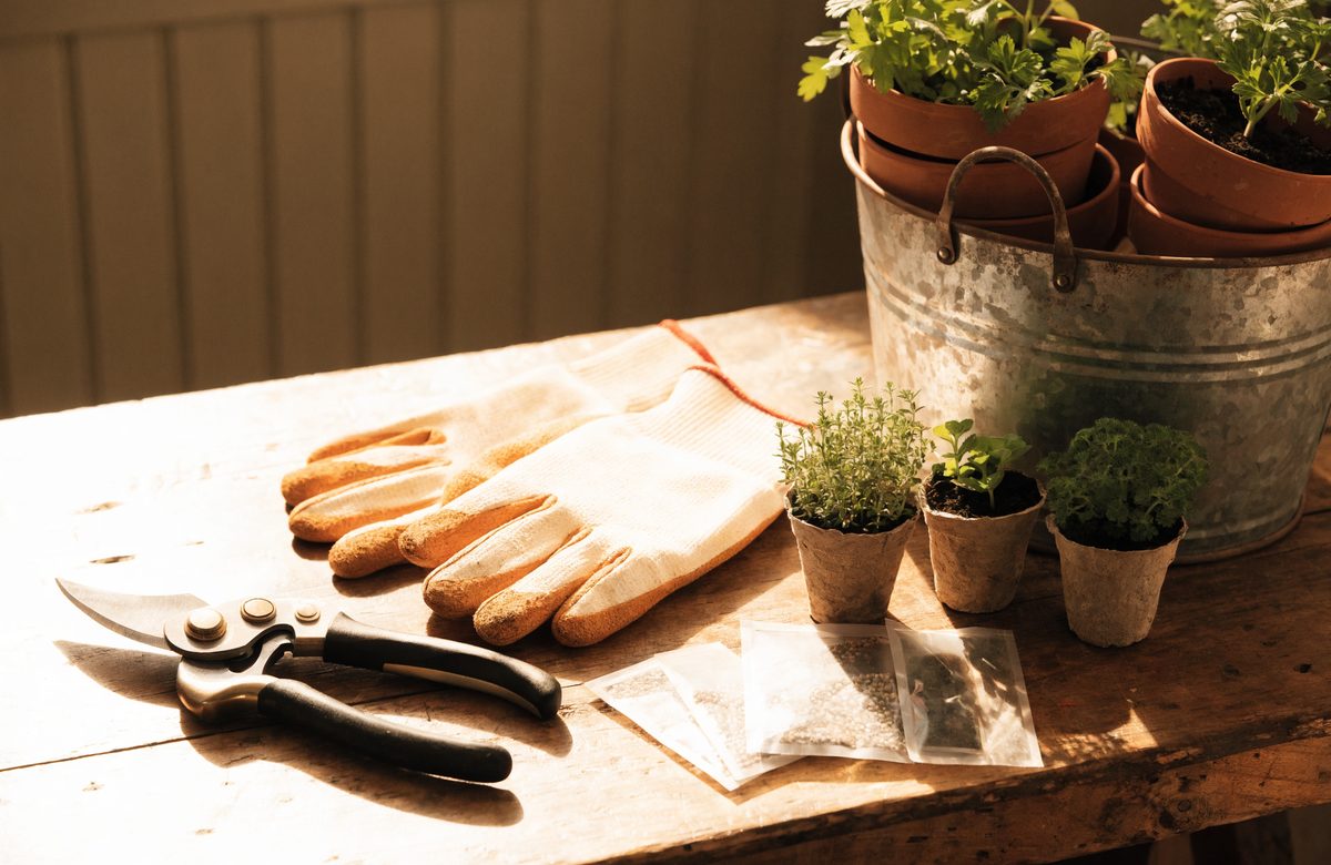 Geschenke für Gärtner auf einem Holztisch: Gartenschere, Handschuhe, Saatgut und Kräutertöpfe in warmen Creme- und Terrakotta-Tönen