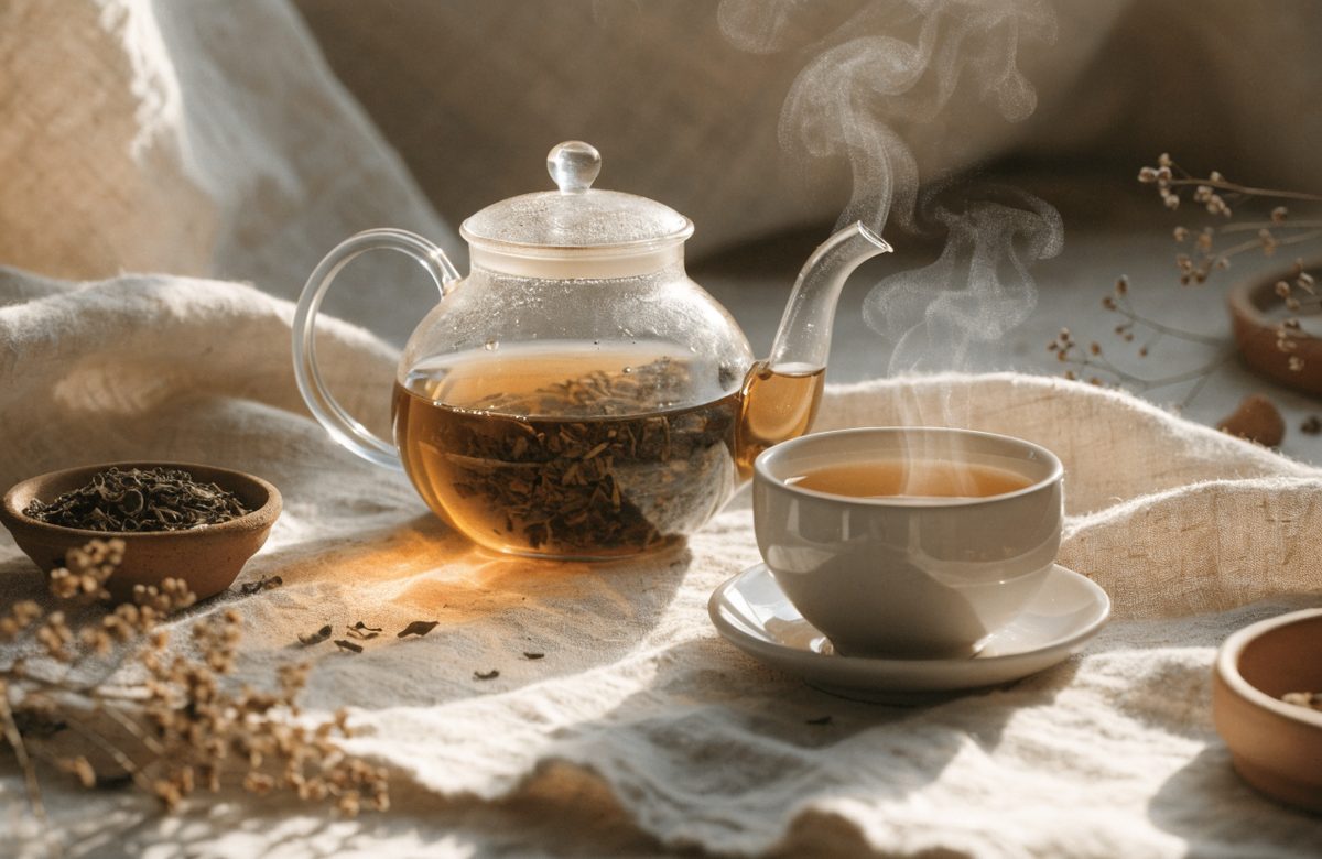 Gläserne Teekanne mit losem Tee und eine dampfende Tasse auf cremefarbenem Leinen, daneben getrocknete Kräuter in warmen Creme- und Terrakotta-Tönen