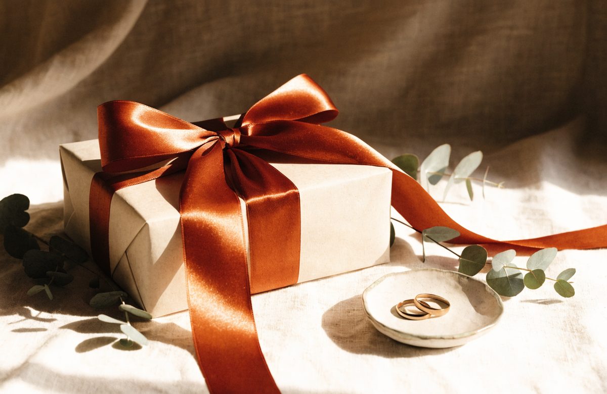 Hochzeitsgeschenk in Cremepapier mit Terracotta-Band, Eukalyptus und Ringschale