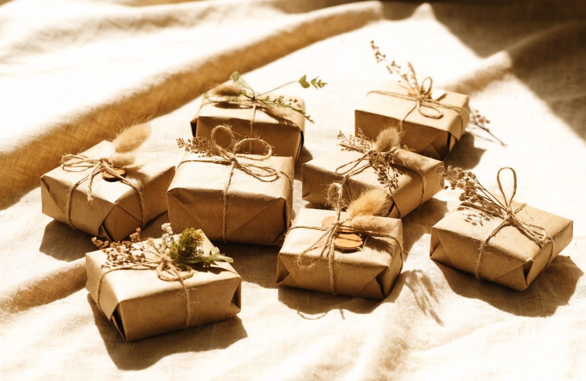 Kleine Geschenke in Kraftpapier mit Schnur und Trockenblumen